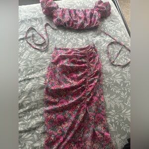 Lena Floral Pink Ruched midi Skirt and crop top set
